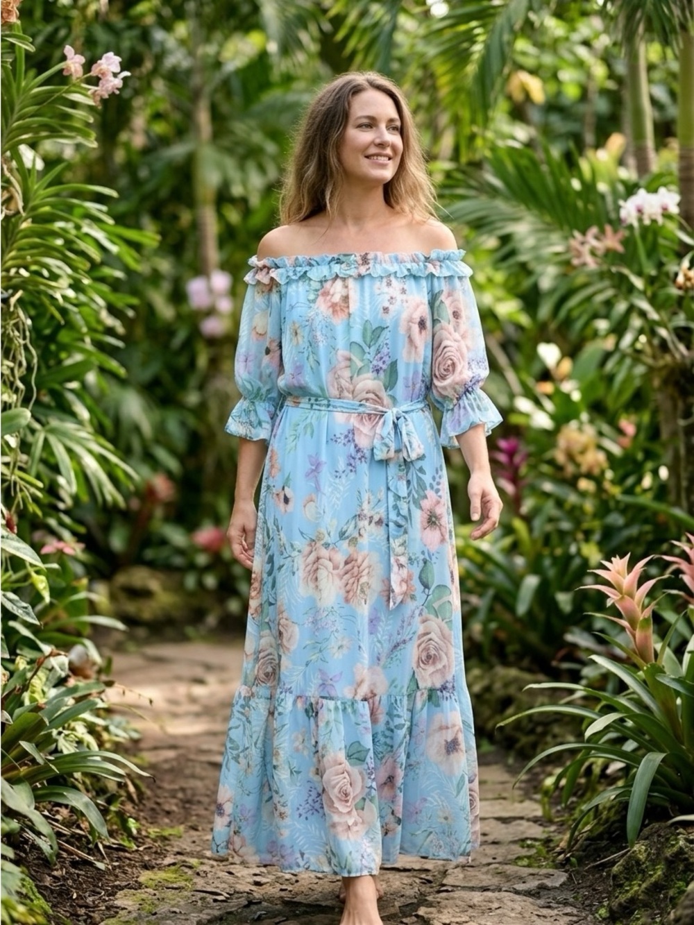 Lying Tomato Blue Floral Off Shoulder Maxi Dress Size L